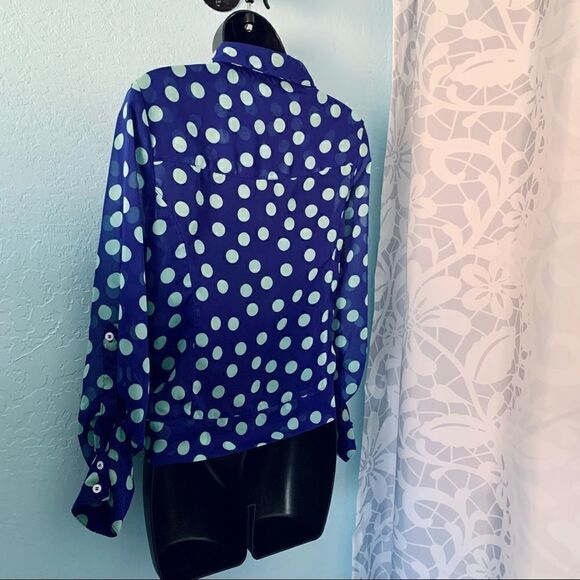 Express Semi Sheer Blue & Mint Green Polka Dot Tie Blouse Size Small/Medium - Picture 12 of 13